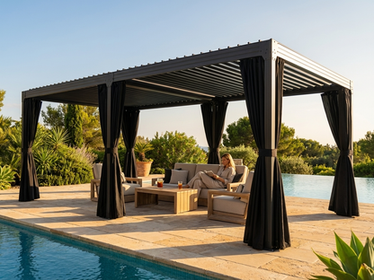 Bioclimatic pergola gazebo with black steel frame and curtains - product detail