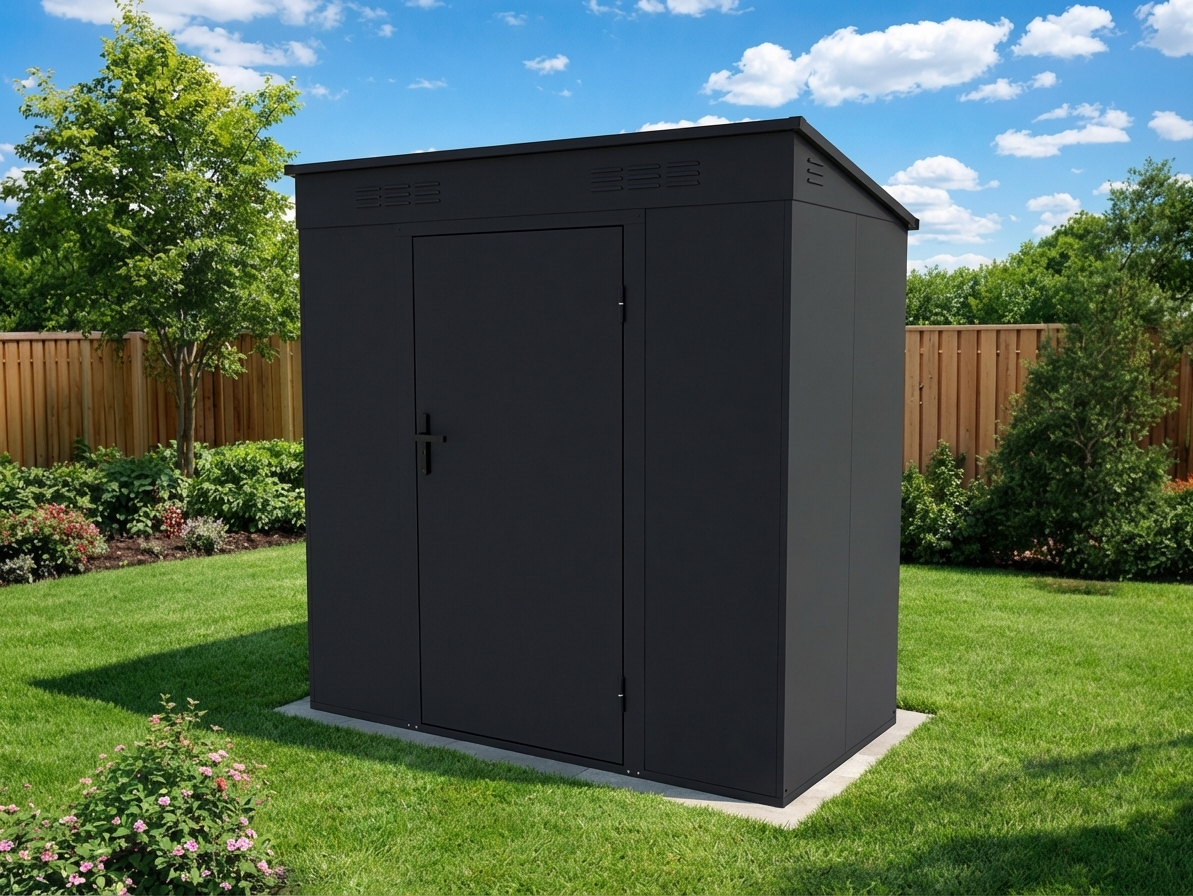 Anthracite metal garden shed with hinged door for outdoor storage - product detail