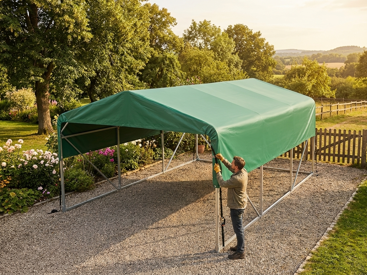 Green garage roof cover made of PVC, measuring 3.6x8.4m, for outdoor use