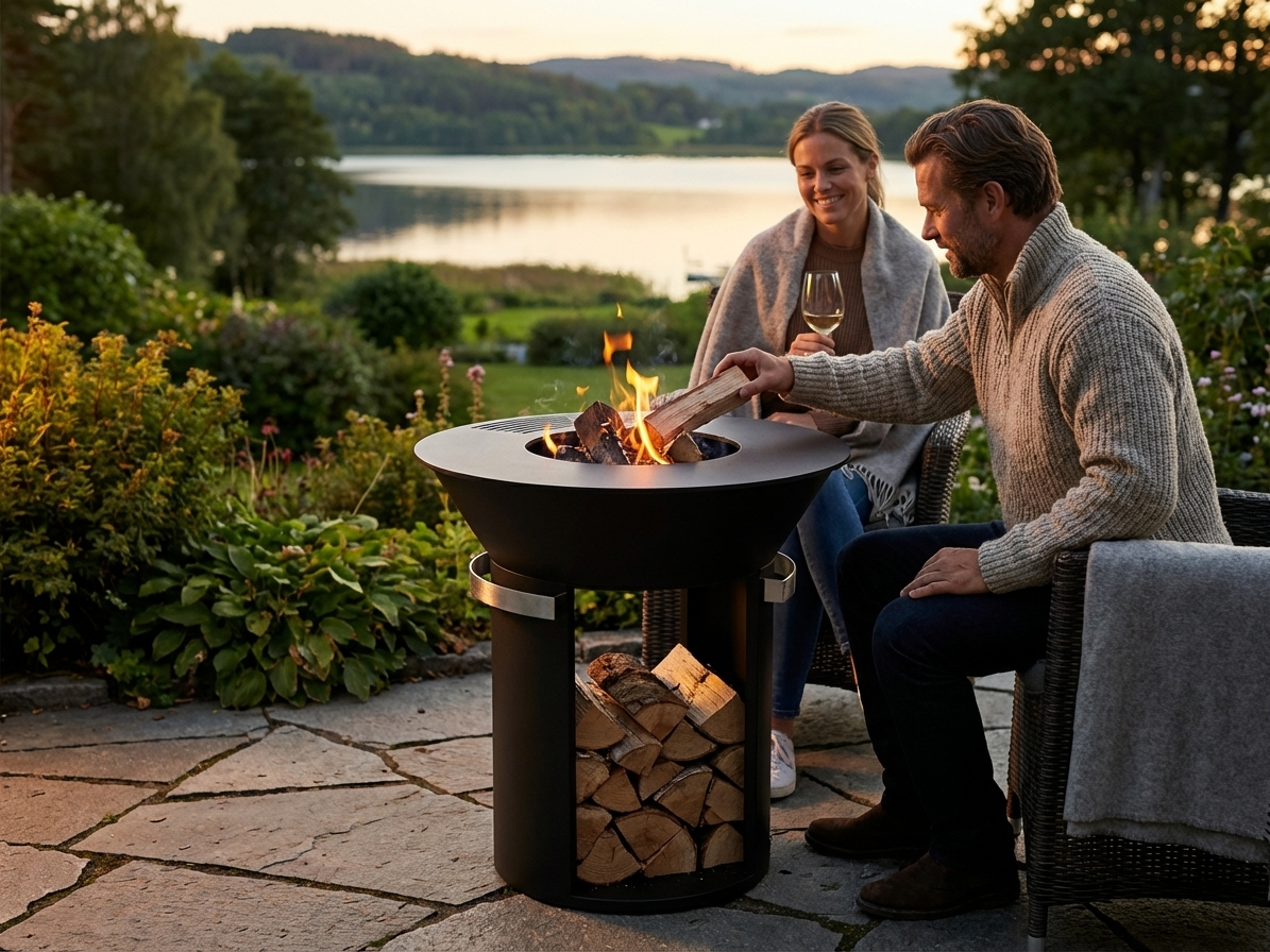 Black fire bowl with wood storage made of carbon steel - view 3