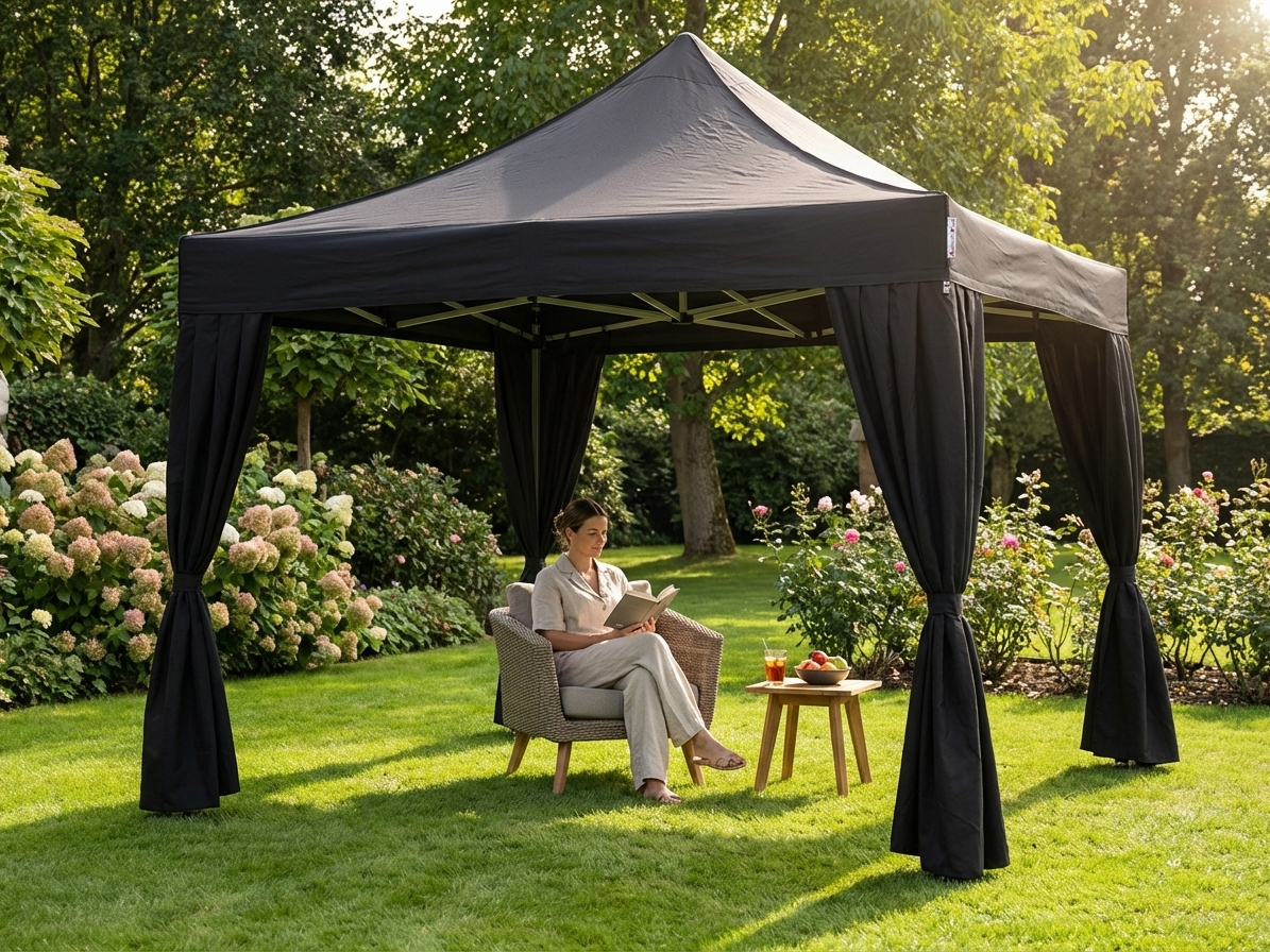 Steel gazebo curtains in black, ideal for outdoor use