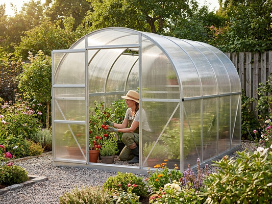 Polycarbonate greenhouse extension 4m² in silver with galvanised steel frame