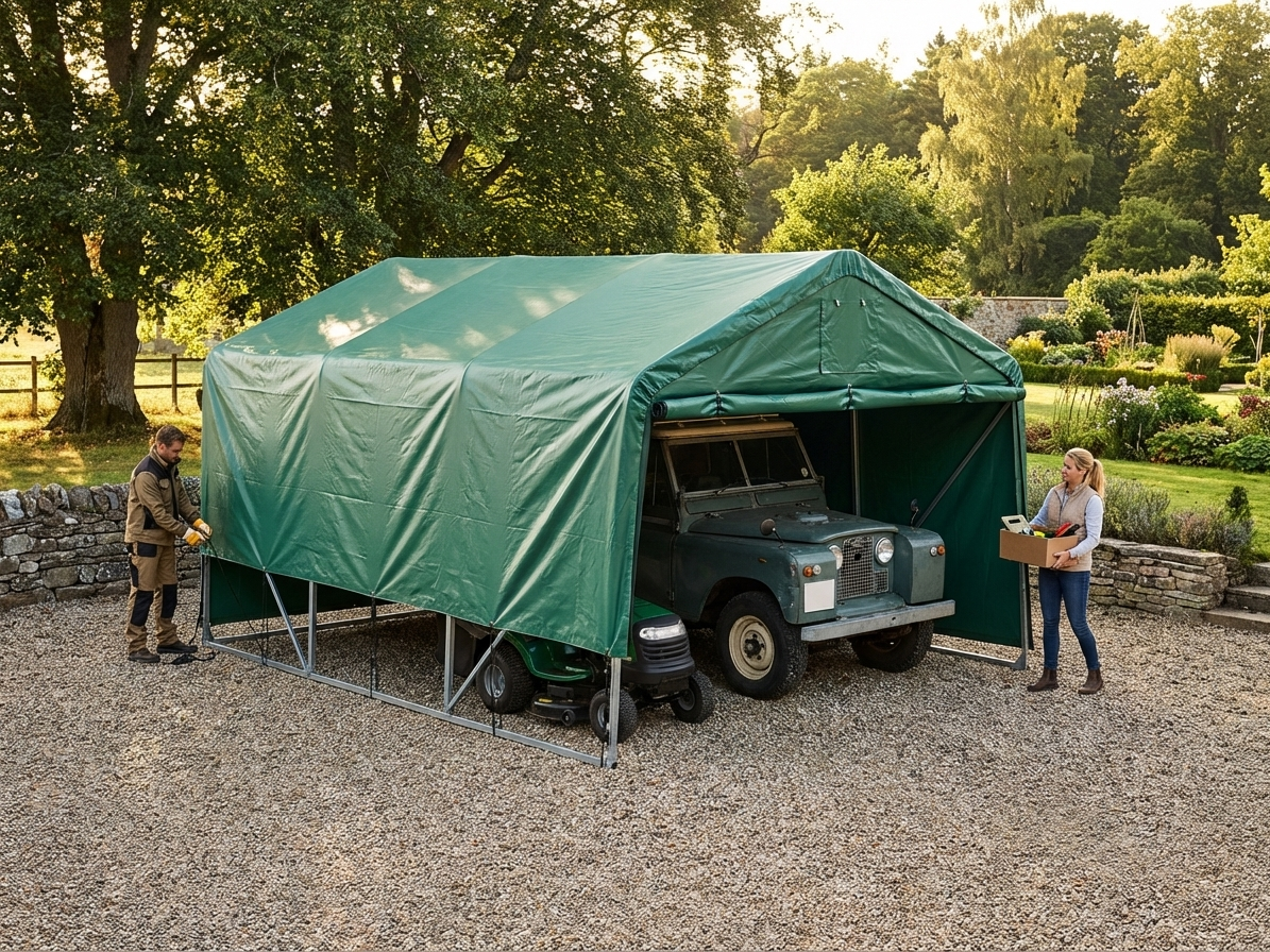 Green PVC roof cover for double garage, fire safety certified