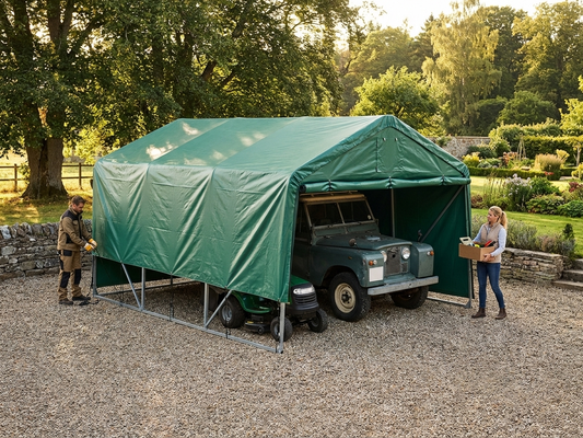 Green PVC roof cover for double garage, fire safety certified