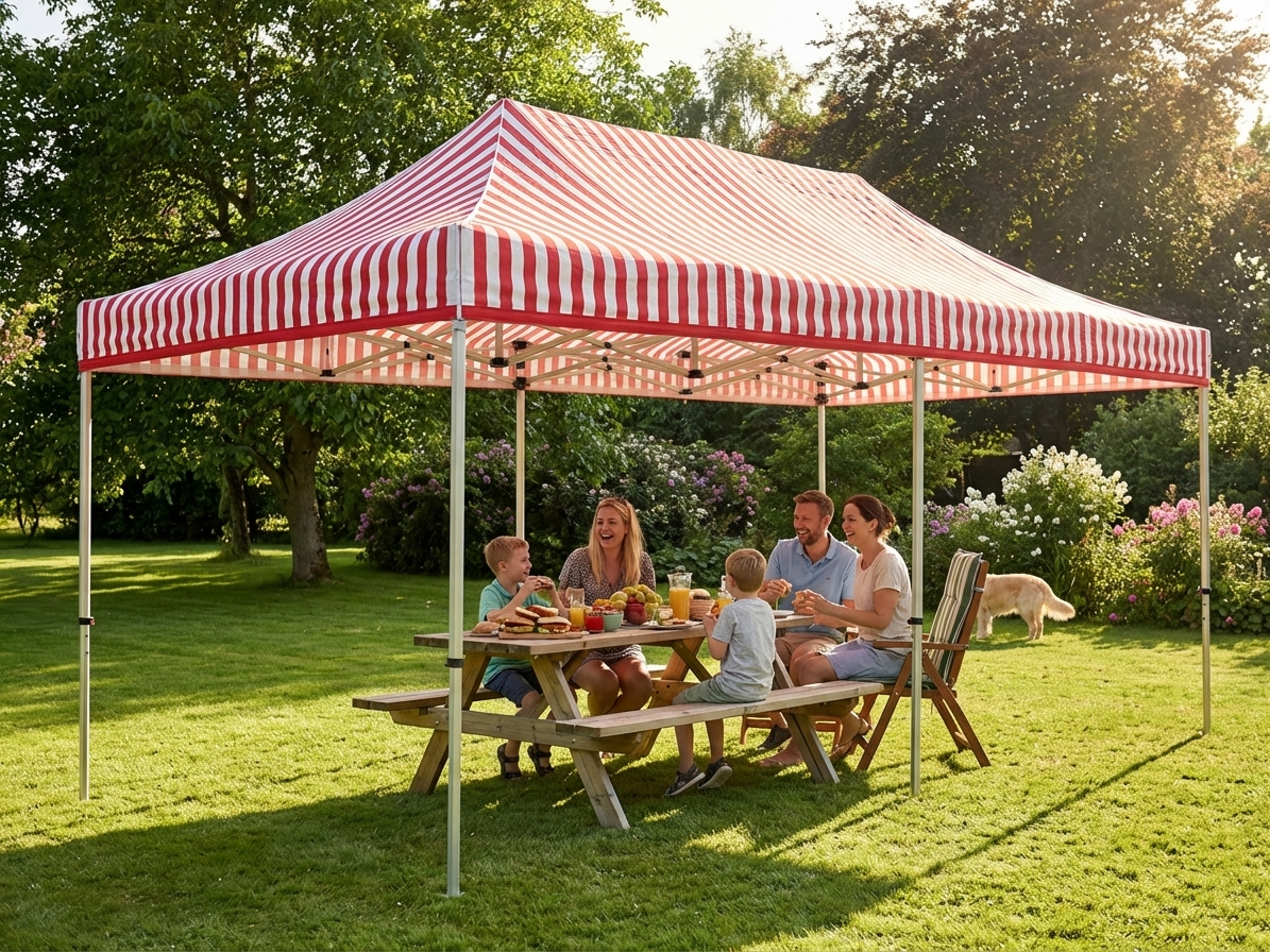 Pop up gazebo with white and red striped design, aluminium frame