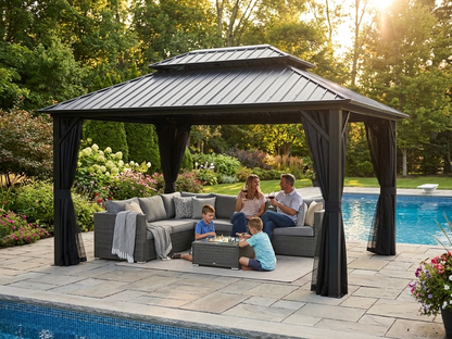 Black gazebo with curtains and mosquito net, 3.65x4.85m - product detail