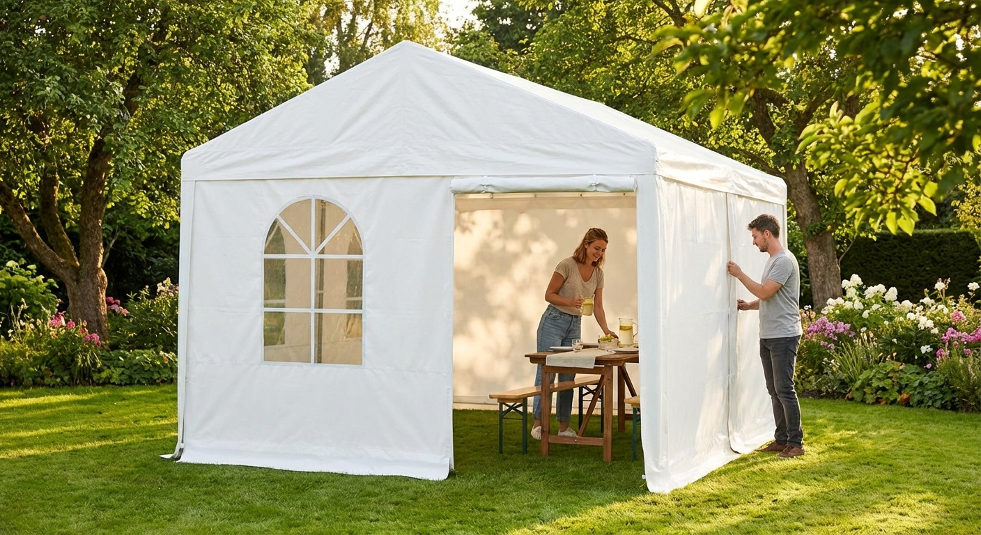 White PVC tent extension with galvanised steel frame for outdoor events - view 3
