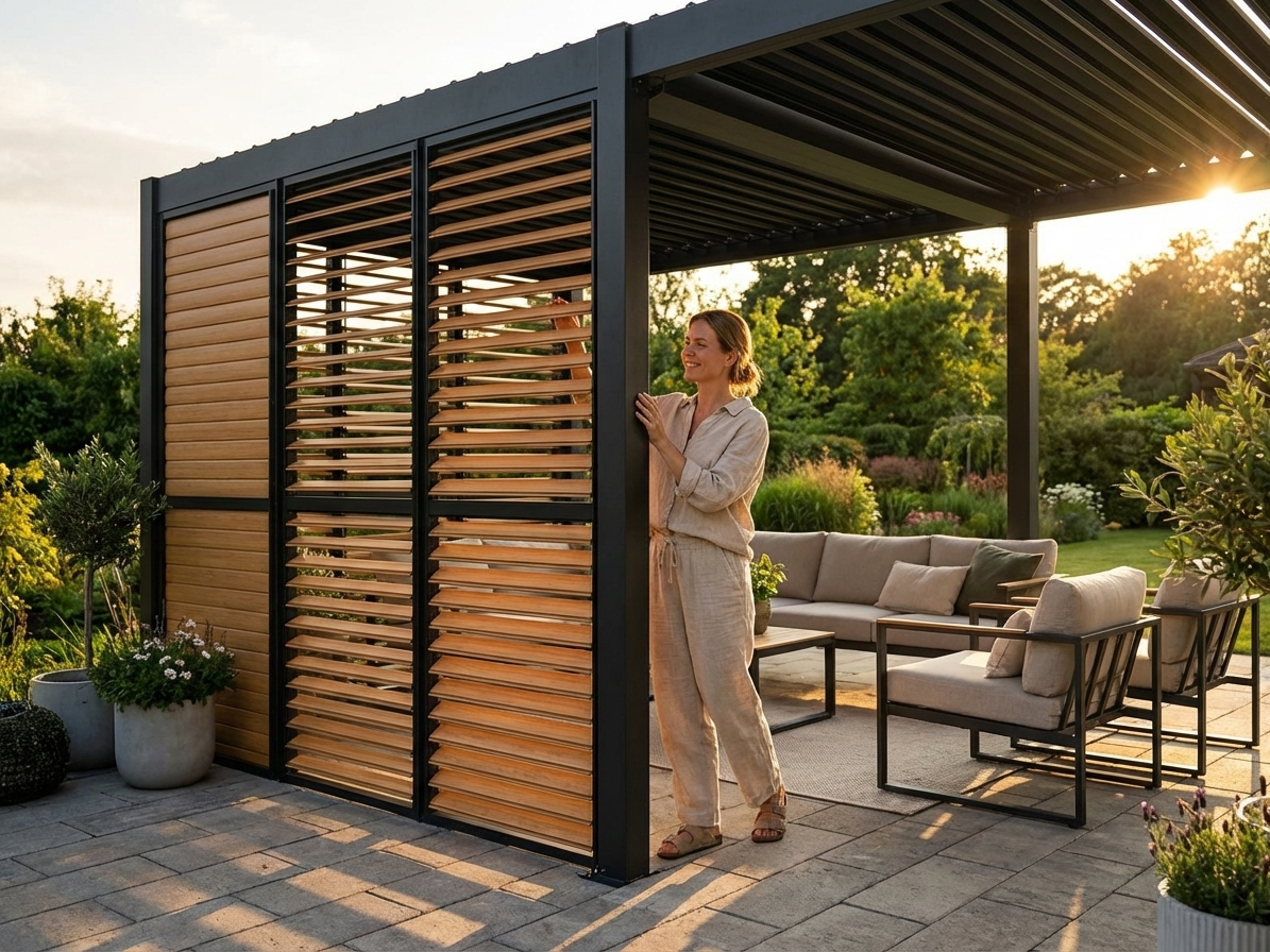 Louvre wall with wood finish and black aluminium frame for garden gazebo - product detail