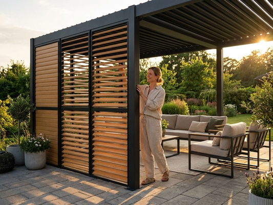 Louvre wall with wood finish and black aluminium frame for garden gazebo - product detail