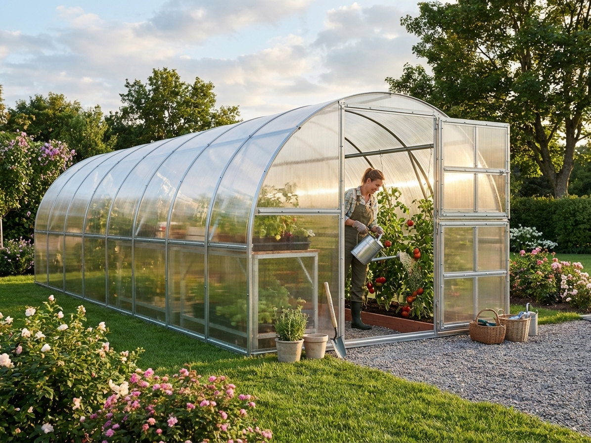 Polycarbonate greenhouse with galvanised steel frame in silver
