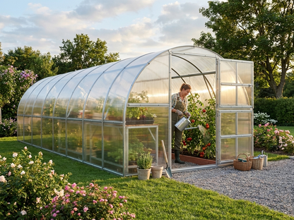 Polycarbonate greenhouse with galvanised steel frame in silver