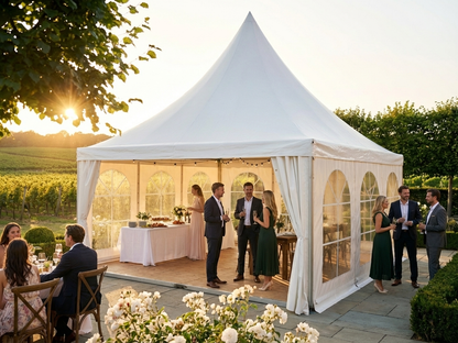 White 5x5 metre pagoda tent made of heavy PVC for events