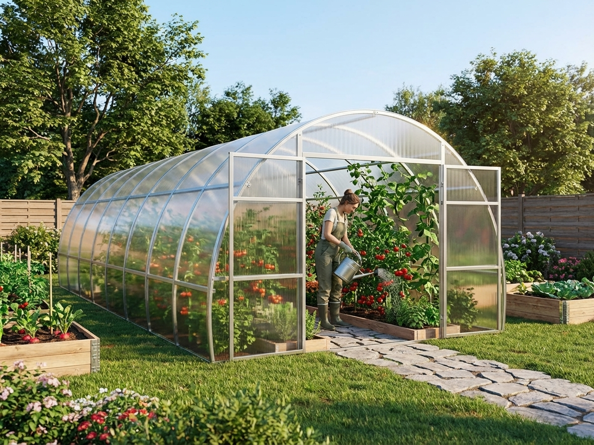 Silver polycarbonate greenhouse with galvanised steel frame