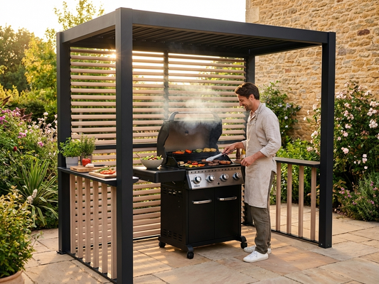 Elegant pergola with black and wood finish, ideal for outdoor BBQs - product detail