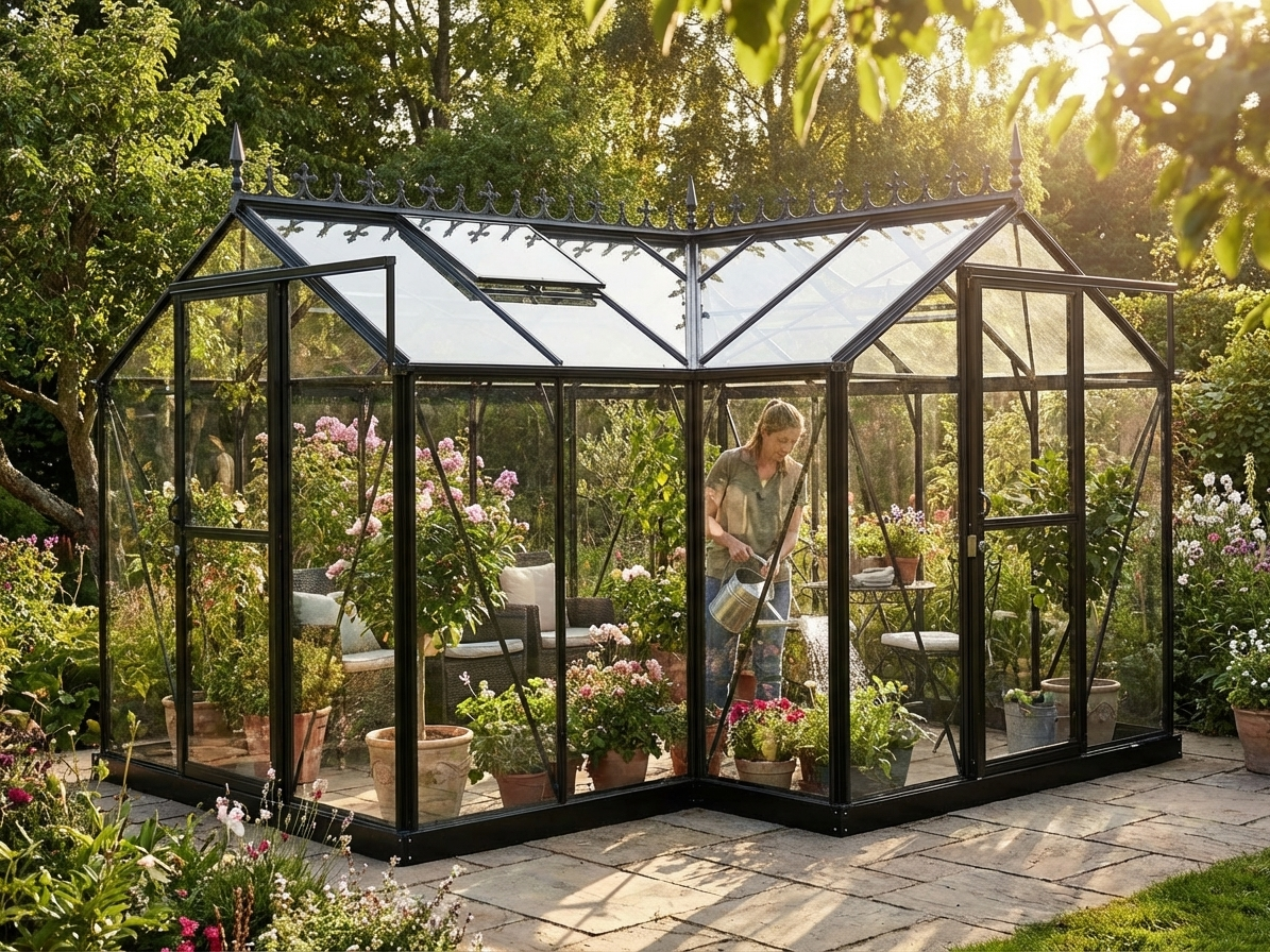 Aluminium orangery cresting in black, 3.73x3.73x2.32 meters