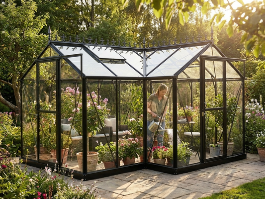Aluminium orangery cresting in black, 3.73x3.73x2.32 meters