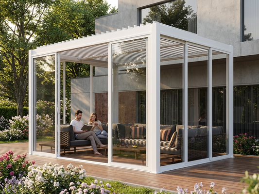 Aluminium pergola gazebo with tempered glass sliding doors in white - product detail