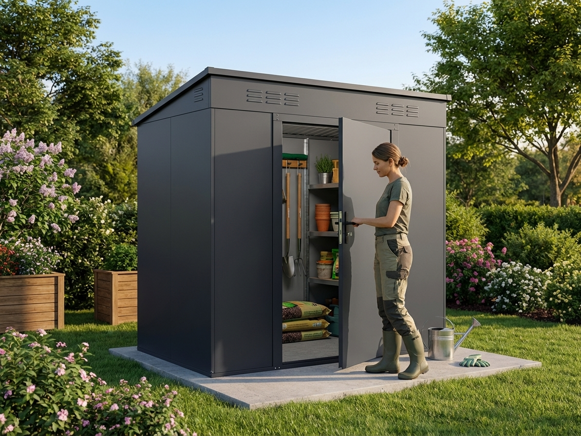 Anthracite metal garden shed for outdoor storage - product detail