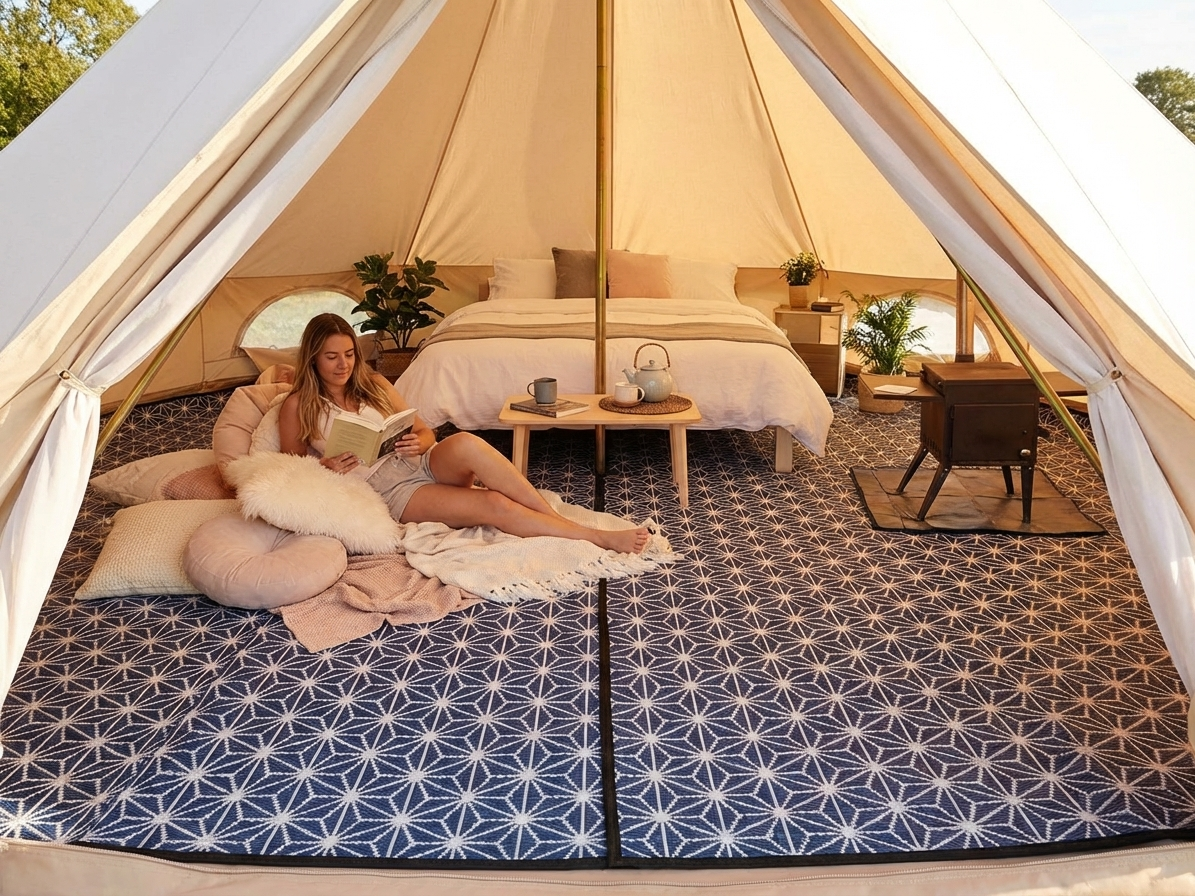 Blue and white bell tent matting for camping - product detail