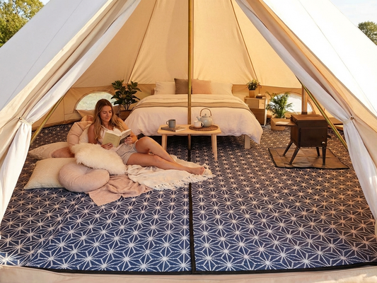 Blue and white bell tent matting for camping - product detail