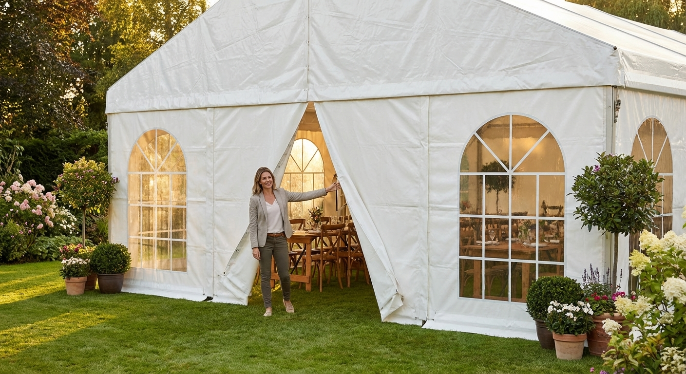 White PVC endwall for outdoor events with large window and wide door - product detail