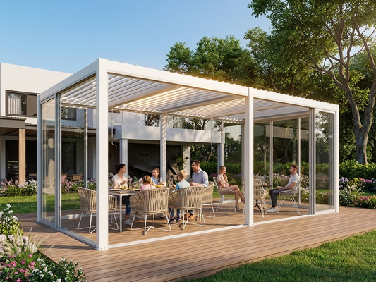 Bioclimatic pergola gazebo with aluminium and glass, 4x5.8m white