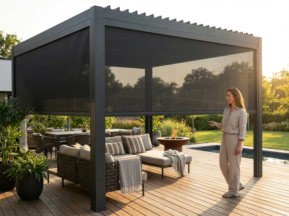 Black electric sidewall screen for pergola, 4m in length - view 3