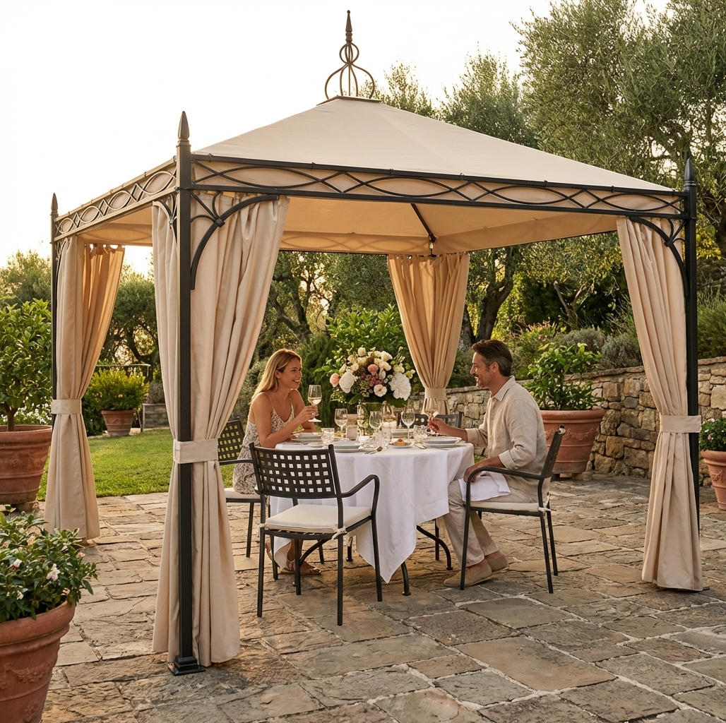 Champagne coloured 4x4 m gazebo with PVC and steel construction