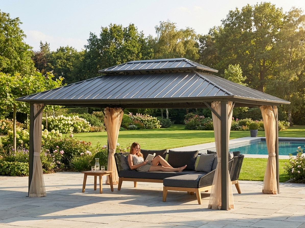 Outdoor gazebo in black and ecru with curtains and mosquito net