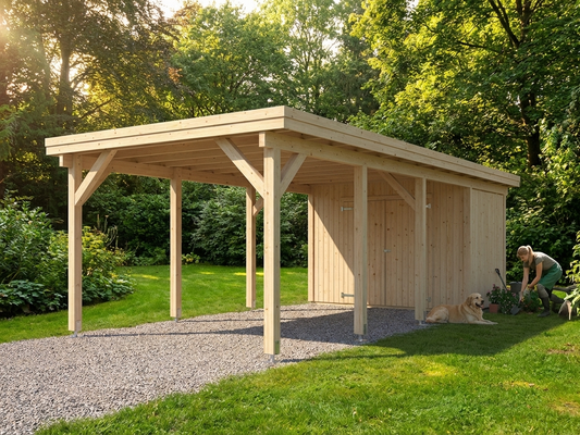Wooden carport with shed in natural Nordic Spruce - product detail