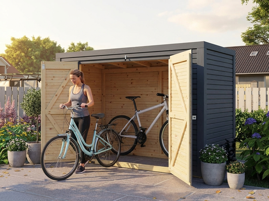 Wooden bike shed in anthracite, made from Nordic spruce for outdoor storage