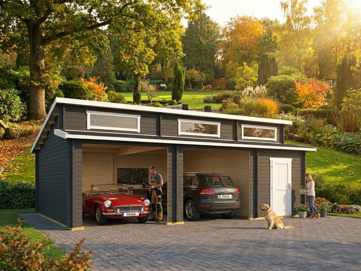 Wooden Double Garage in Dark Grey Nordic Spruce