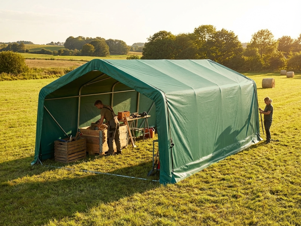 PVC roof cover in green for storage shelter, 4x8 m