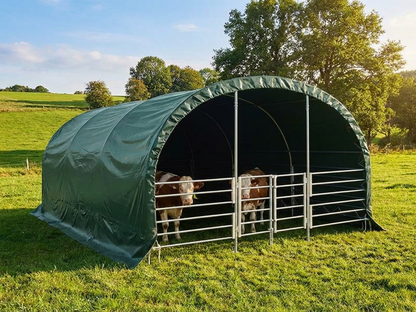 Green PVC livestock shelter, 4x6x2.4m, with galvanised steel frame