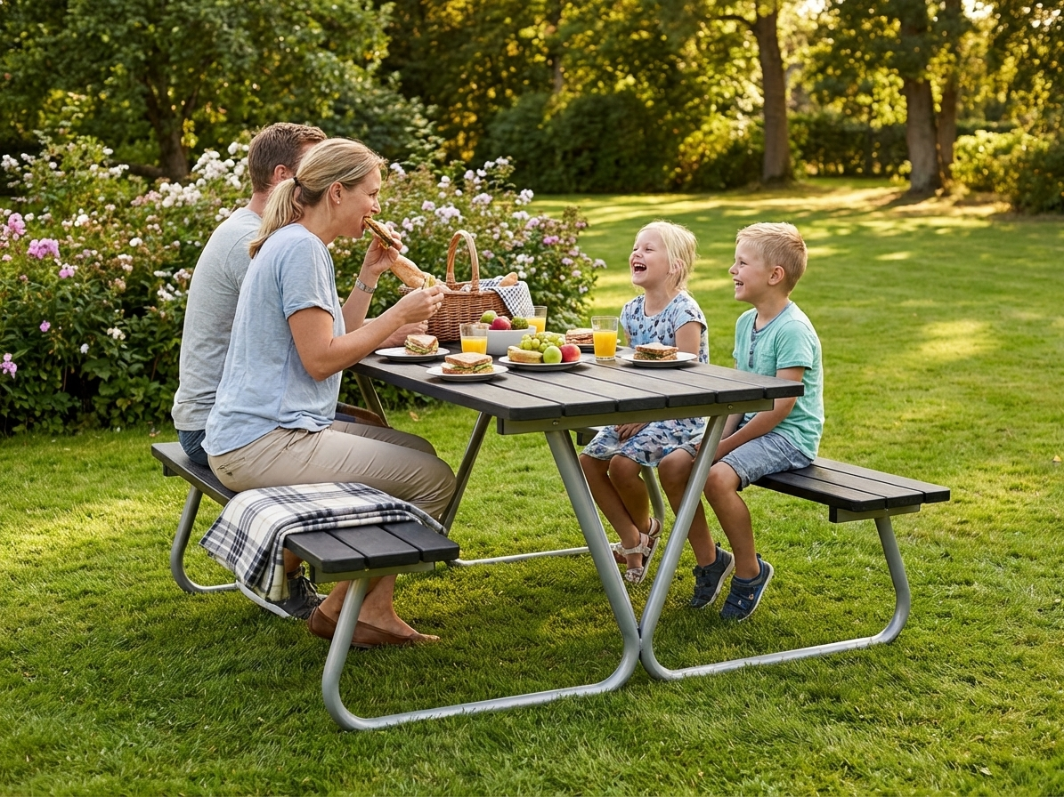 Black Picnic Table 1.75x1.60 m with Pinewood and Steel Frame