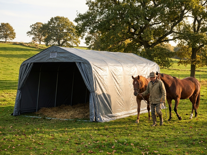 Grey PVC livestock shelter with galvanised steel frame