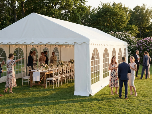 White PVC event marquee with galvanised steel frame for outdoor gatherings