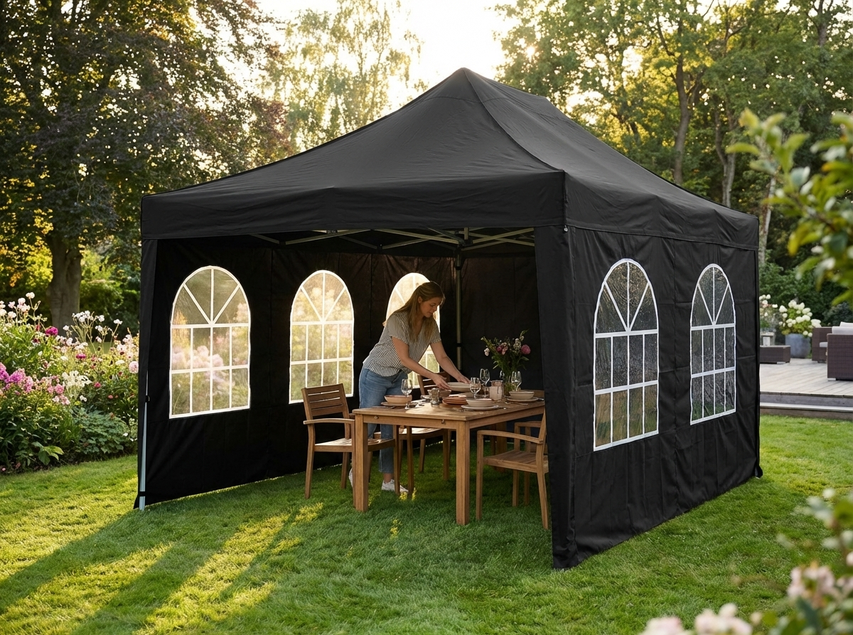 Black pop-up gazebo 3x4.5m with steel frame for outdoor use - view 3