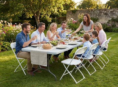 Folding table and chairs set in light grey and white, ideal for events - product detail