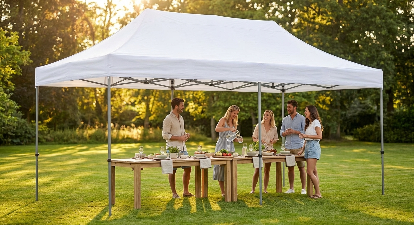 White pop up gazebo with steel frame for outdoor events