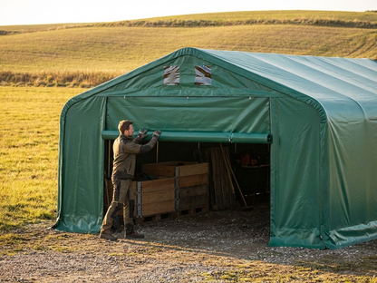 Green PVC end wall for storage shelter