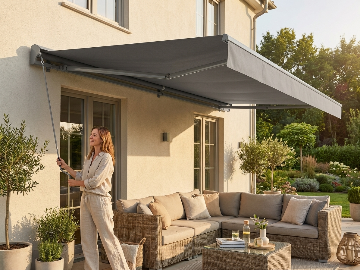 Grey awning with crank handle, perfect for outdoor use - view 3