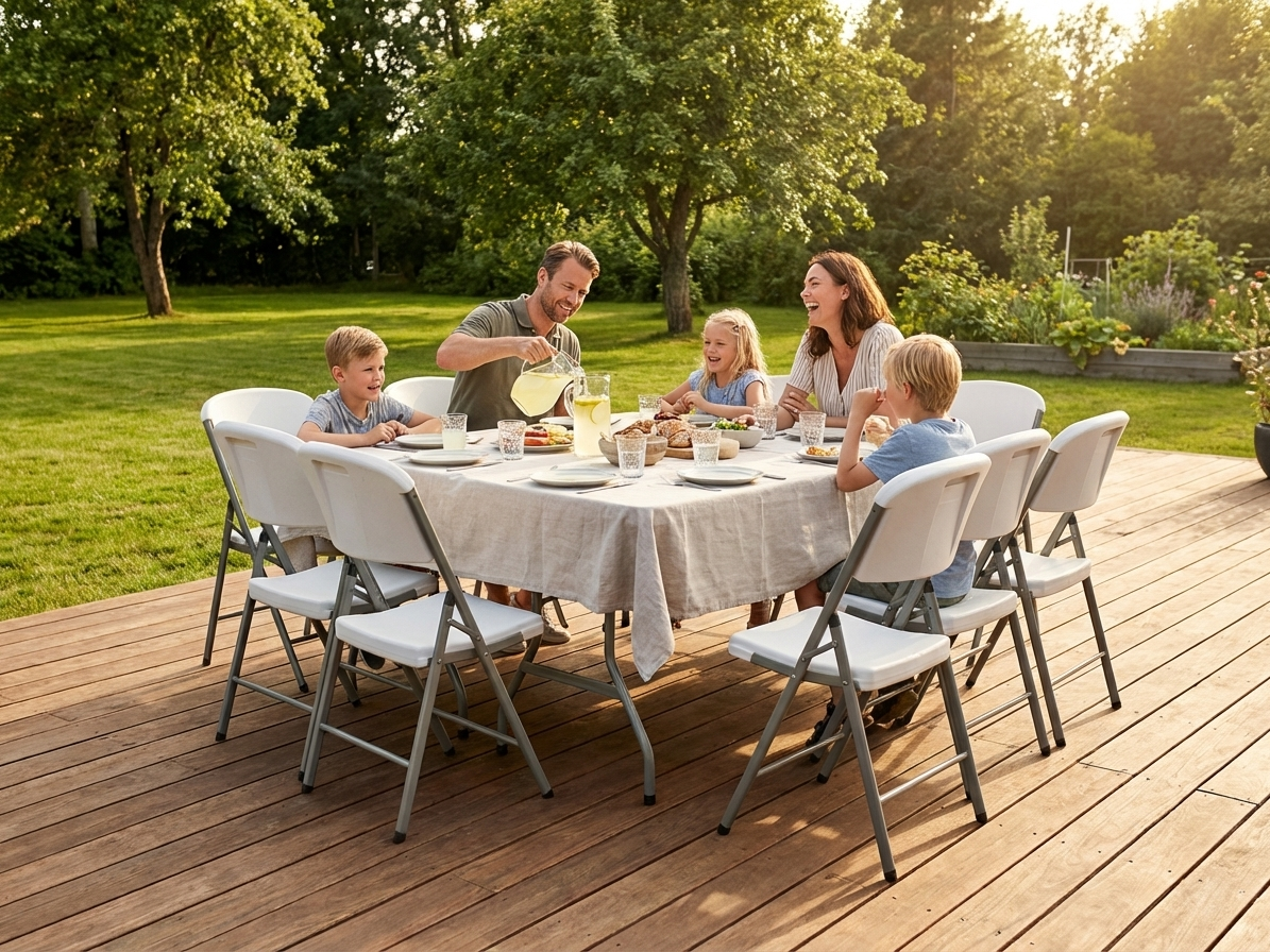 Folding table and chairs set in light grey/white with steel frame - view 3