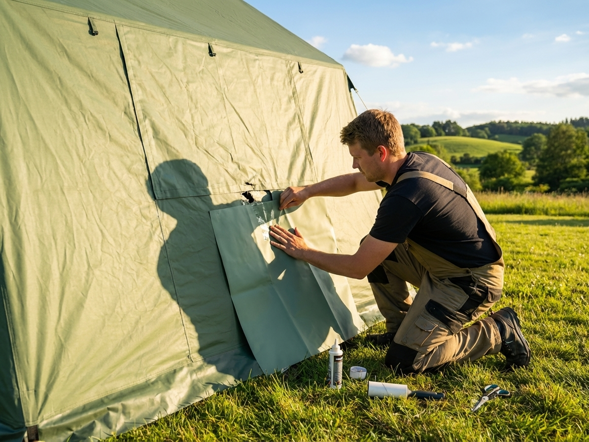 Green PVC repair material for storage tent, 1x1 metre