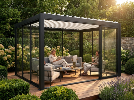 Bioclimatic pergola gazebo in black and white with aluminium and glass - product detail