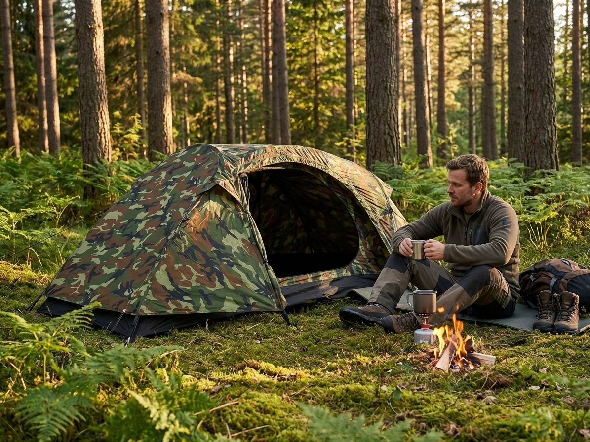Camouflage tent for solo camping with fibreglass frame - product detail