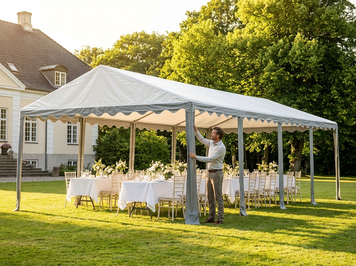 Marquee roof cover 5x10m in white and grey, polyethylene material