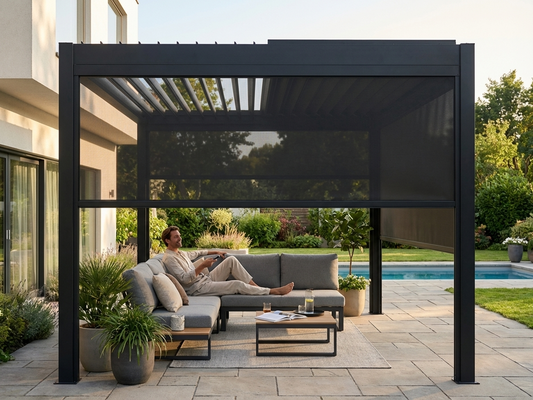 Electric sidewall screen for pergolas in black with aluminium frame