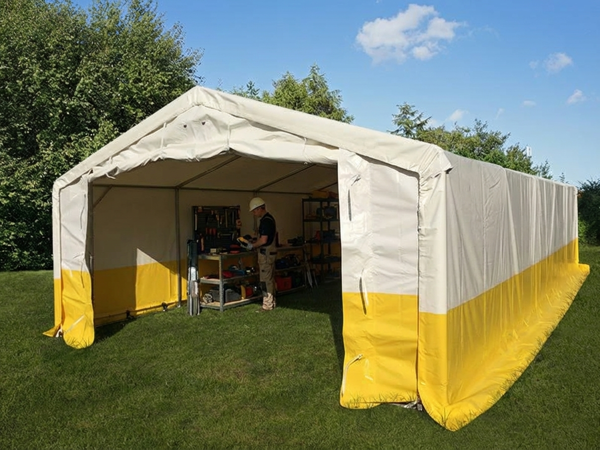 Storage work tent 5x10 m white/yellow PVC flame retardant