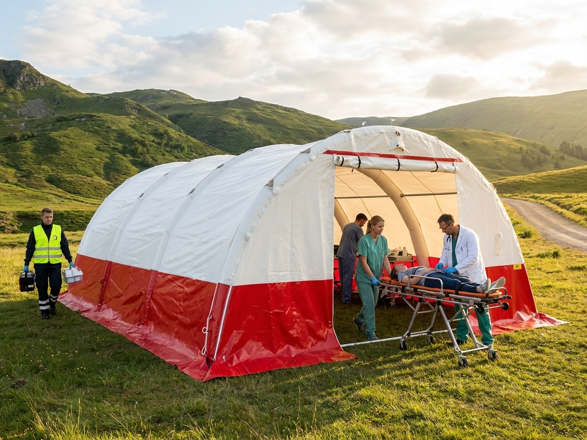 Inflatable medical tent in white and red, 5.5x6m size